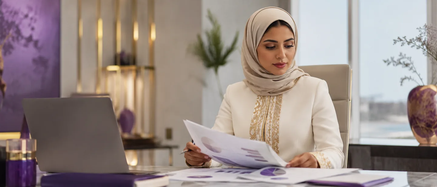Elegant Omani woman in a light outfit reviewing strategy documents in a modern office